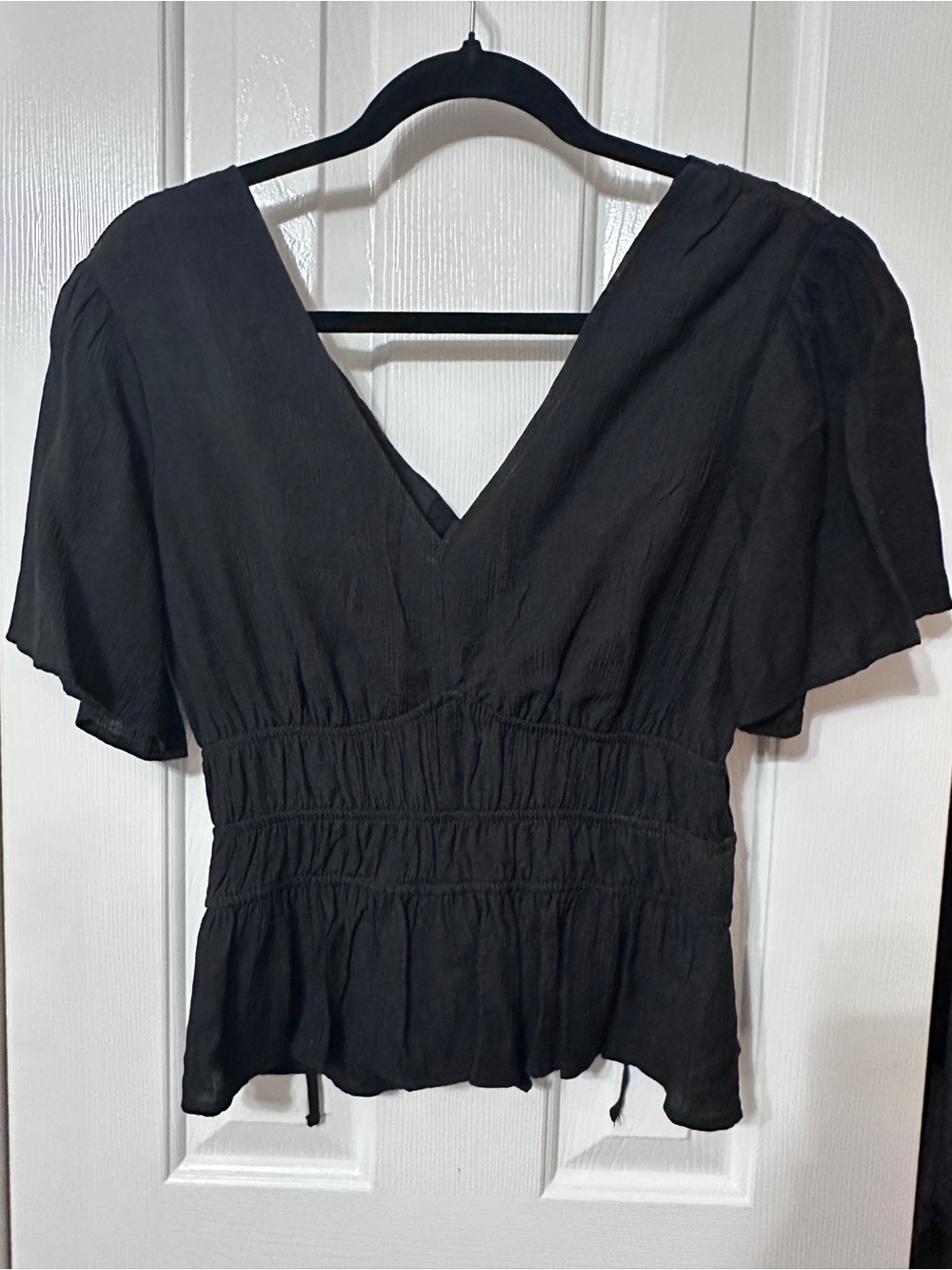 Time and Tru Black V-Neck Smocked Waist Blouse